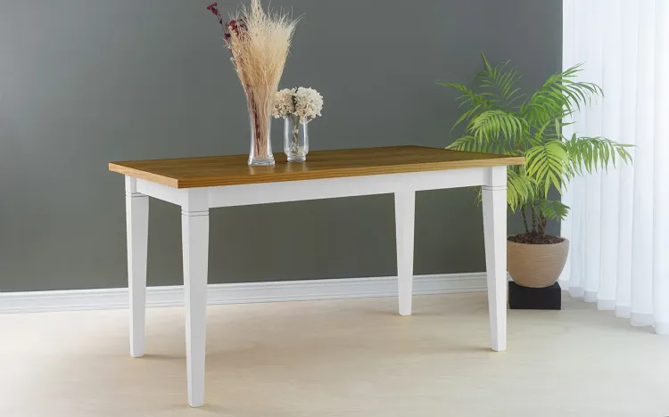 MESA PARA SALA DE JANTAR RETANGULAR FRISO 140X80X75 CM TAMPO CAPUCCINO PÉS LACA BRANCO