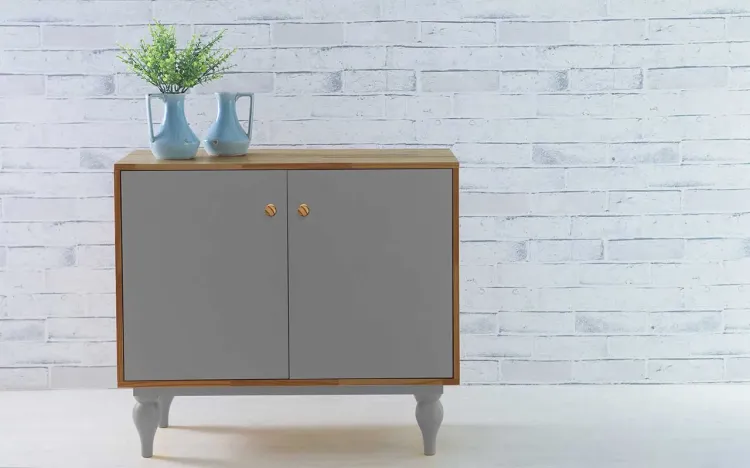 BALCÃO BUFFET COM PRATELEIRA E 2 PORTAS PUXADOR BOLINHA SIDERAL NÓZES E CINZA CONCRETO 90X40X79,5 CM