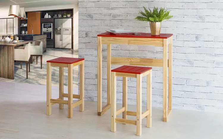 CONJUNTO BISTRÔ GOURMET ALTO DE MADEIRA MACIÇA TAEDA NATURAL COM TAMPO COLORIDO OLGA - VERNIZ NATURAL/VERMELHO 80CM
