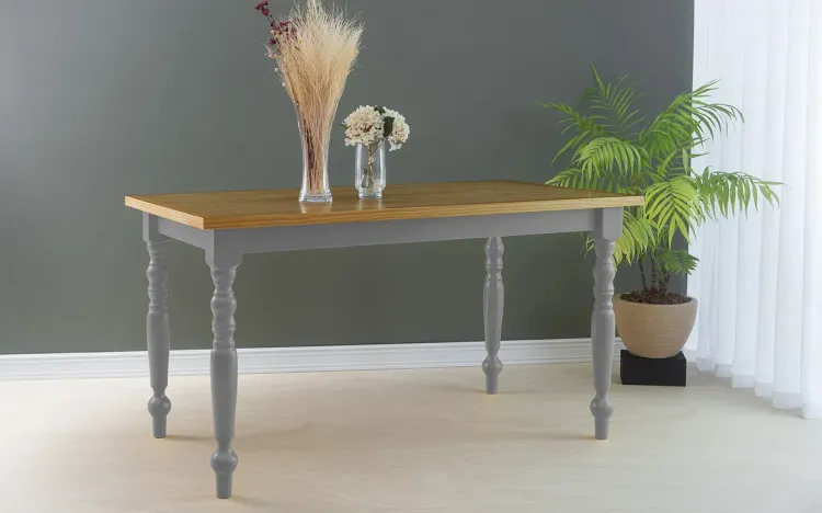 MESA COLONIAL CAMPESINA 140X80X75 CM TAMPO NÓZES PÉS LACA CINZA CONCRETO