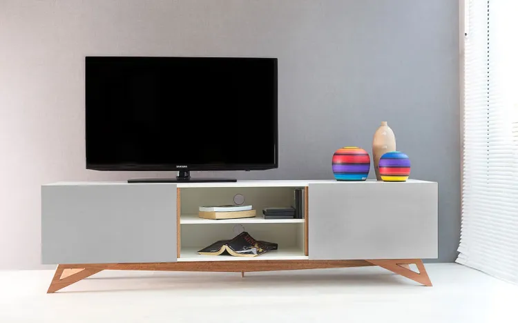 RACK TV MODERNO RETRÔ VINTAGE FREDDIE 1800 MDF BRANCO PÉS MADEIRA COR JATOBÁ 2 PORTAS CINZA  180x43,6x48,5 CM