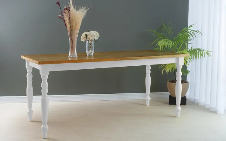 MESA DE MADEIRA RÚSTICA CAMPESINA 180X80X75 CM TAMPO NÓZES PÉS LACA BRANCO