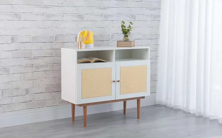 ARMÁRIO BUFFET 2 PORTAS PARA SALA DE JANTAR COM PALHINHA COM NICHO CHARLIE BRANCO E JATOBÁ 90x35x79 CM