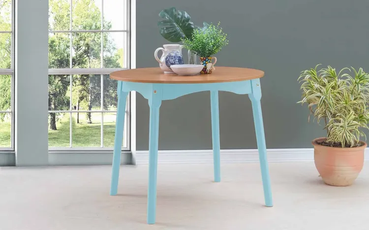 MESA PARA SALA DE JANTAR REDONDA MIMO DIAM.90CM VERNIZ JATOBÁ E LACA AZUL BEBÊ