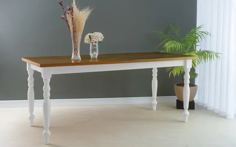 MESA PARA SALA DE JANTAR COM PÉS TORNEADOS CAMPESINA 180X80X75 CM TAMPO CAPUCCINO PÉS LACA BRANCO