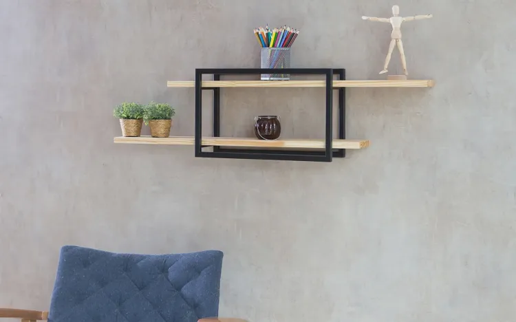 NICHO DE PAREDE DE FERRO BREATHE RETÂNGULAR HORIZONTAL PRETO COM STAIN NATURAL
