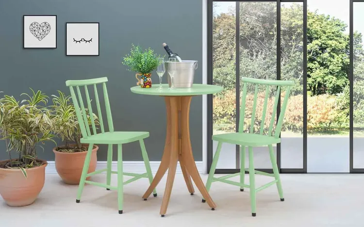 MESA BISTRÔ REDONDA E 2 CADEIRAS JULIETTE VERNIZ JATOBÁ E VERDE SÁLVIA