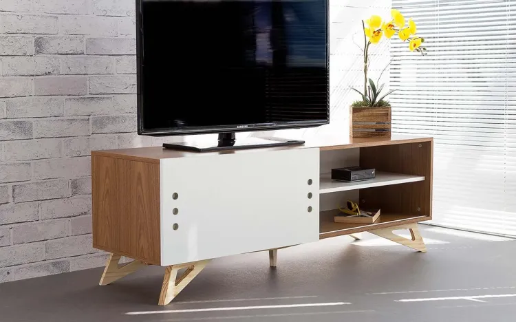 RACK TV MODERNO RETRÔ VINTAGE FREDDIE 1400 MDF FREIJÓ PÉS MADEIRA TAEDA PORTA DE CORRER BRANCA 140x43,6x48,5 CM