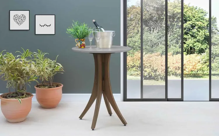 MESA DE JANTAR DE MADEIRA PEQUENA REDONDA JULIETTE 60X77CM NOGUEIRA E CINZA CONCRETO