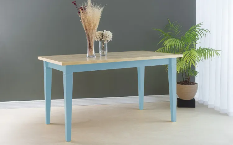 MESA DE JANTAR DE MADEIRA FRISO 140X80X75 CM TAMPO NATURAL PÉS LACA AZUL BEBÊ