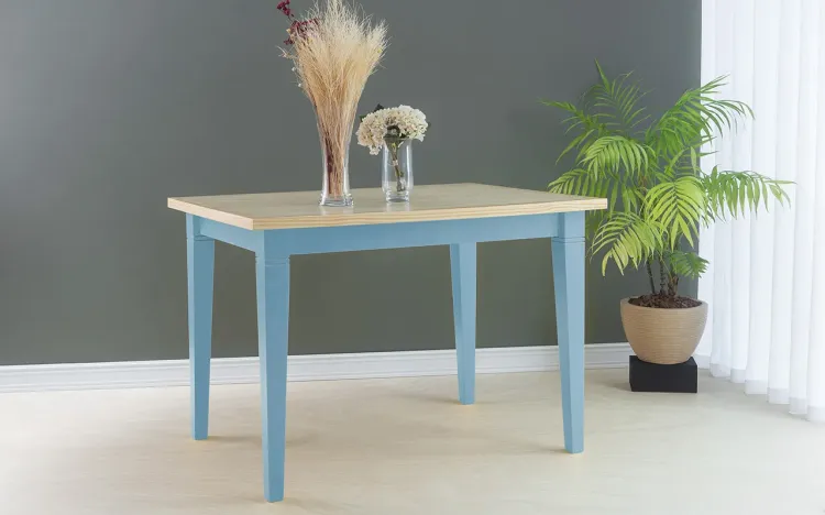 MESA PARA COZINHA DE MADEIRA FRISO 110X80X75 CM TAMPO NATURAL PÉS LACA AZUL BEBÊ