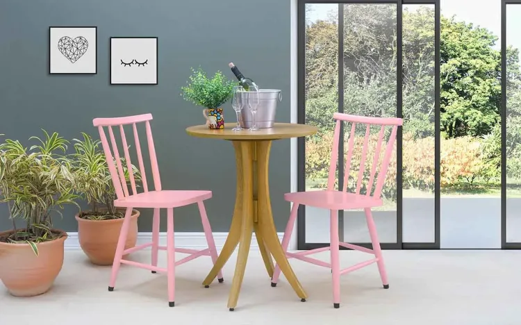 CONJUNTO MESA BISTRÔ COM 2 CADEIRAS REDONDA JULIETTE VERNIZ AMÊNDOA E ROSA BEBÊ