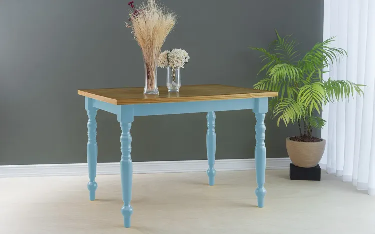MESA DE MADEIRA RÚSTICA CAMPESINA 110X80X75 CM TAMPO NÓZES PÉS LACA AZUL BEBÊ