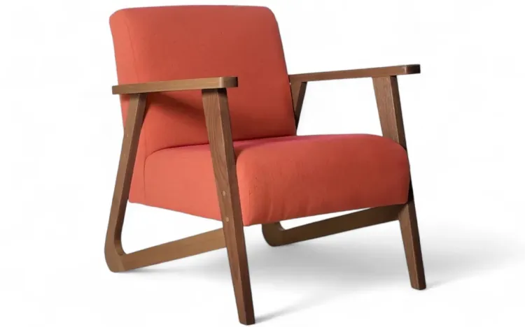 POLTRONA PARA QUARTO POLTRONA INDIVIDUAL DE MADEIRA ESTOFADA COR SALMÃO VERNIZ CAPUCCINO TEC.918 LIS 72X81X81 CM
