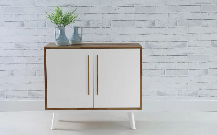 ARMÁRIO PÉS PALITO BUFFET 2 PORTAS DE MADEIRA MACIÇA CAPUCCINO BRANCO CELESTE 90X40X79,5 CM