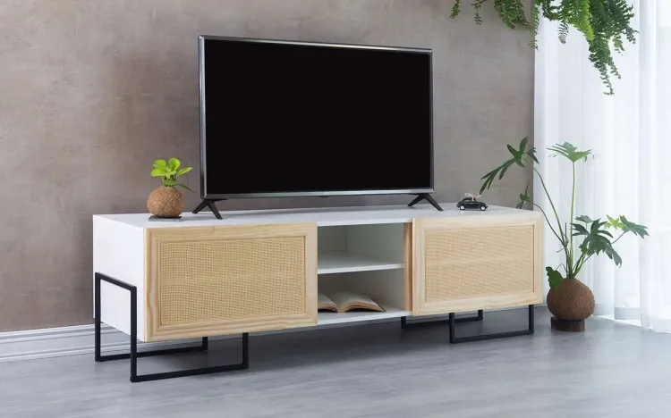 RACK SALA DE TV 2 PORTAS CROSBY MDF BRANCO E TAEDA COM RATTAN 160x43,6x48,5 CM