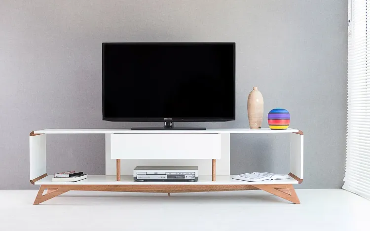 RACK BRANCO PARA TV RETRÔ VINTAGE PRESLEY 1 GAVETA 1,8M MDF COM PÉS MADEIRA COR JATOBÁ 180x40x48,5 CM