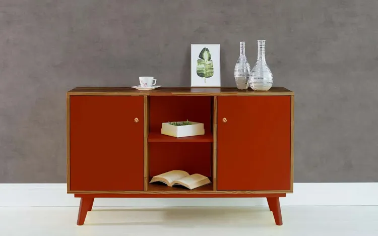 APARADOR BUFFET COM PRATELEIRA E 2 PORTAS PUXADOR BOLINHA CELESTE  - CAPUCCINO E VERMELHO 133X40X79,5 CM