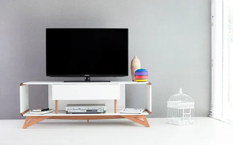 RACK BRANCO PARA TV RETRÔ VINTAGE PRESLEY 1 GAVETA 1,4M MDF COM PÉS MADEIRA COR JATOBÁ 140x40x48,5 CM