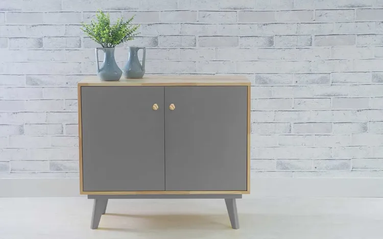 BUFFET PARA SALA DE JANTAR COM PRATELEIRA E 2 PORTAS PUXADOR BOLINHA CELESTE NATURAL E CINZA CONCRETO 90X40X79,5 CM