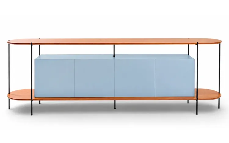 BUFFET APARADOR MODERNO 4 PORTAS AZUL SERENO TAMPO EM TAUARI NATURAL E PÉS DE METAL MOOB 220X35X75,5 CM