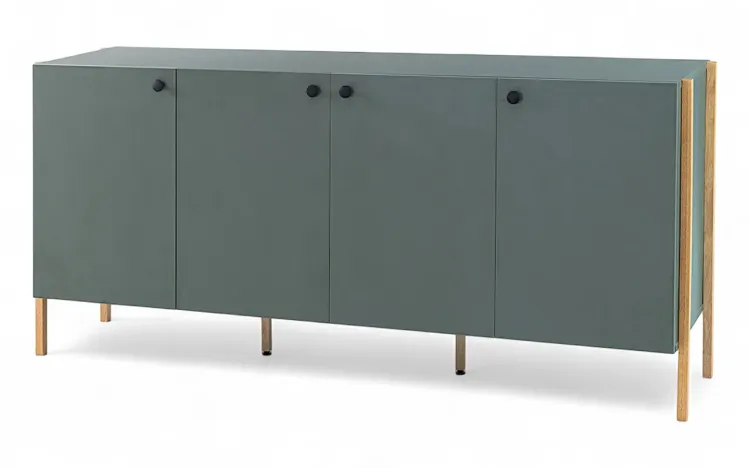 BUFFET PARA SALA 4 PORTAS NASH MDF VERDE ESCURO E PÉS DE MADEIRA TAUARI 164X41,5X75 CM