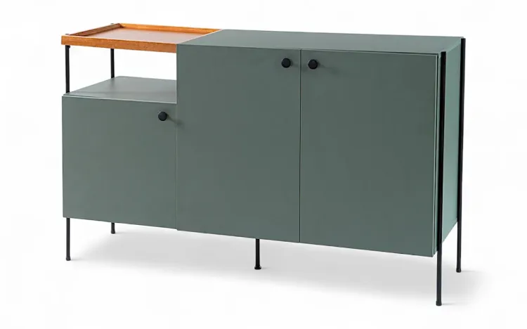 APARADOR BUFFET 3 PORTAS COM BANDEJA DE MADEIRA E PÉS DE METAL TRAY MDF VERDE ESCURO 122,5X41,5X75 CM