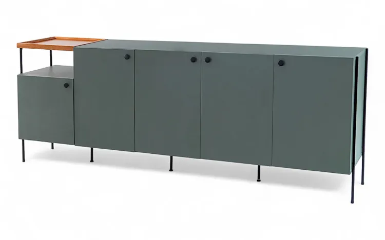 APARADOR BUFFET 5 PORTAS COM BANDEJA DE MADEIRA E PÉS DE METAL TRAY MDF VERDE ESCURO 202,5X41,5X75 CM