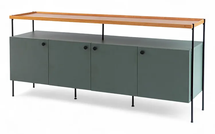 ARMÁRIO BUFFET 4 PORTAS COM TAMPO BANDEJA DE MADEIRA E PÉS DE METAL TRAY MDF VERDE ESCURO 162,5X41,5X75 CM