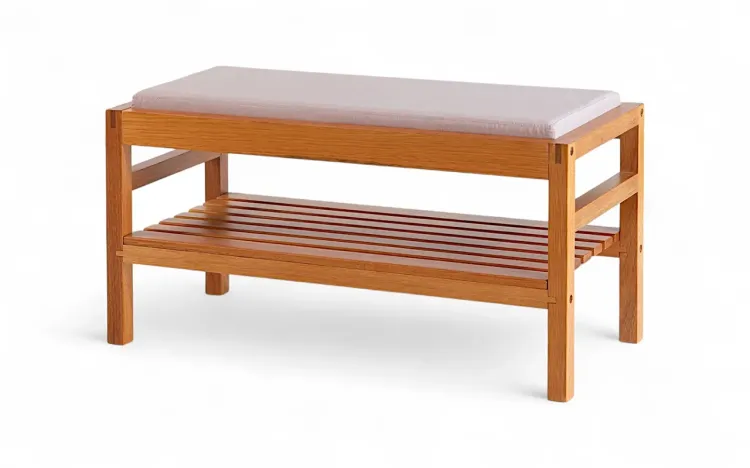 BANCO SAPATEIRA DE MADEIRA KERB VERNIZ JATOBÁ TEC. ALGODÃO ROSA 90X40X48CM