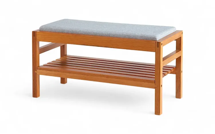 BANCO COM PRATELEIRA KERB VERNIZ JATOBÁ TEC. ALGODÃO MESCLA 90X40X48CM