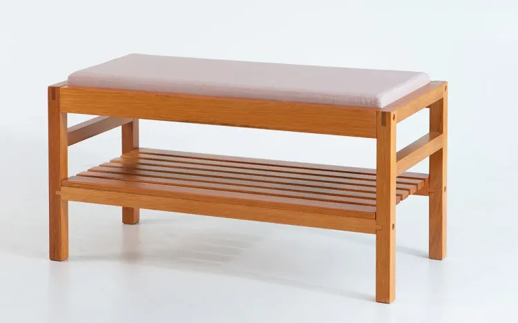 BANCO SAPATEIRA DE MADEIRA KERB VERNIZ JATOBÁ TEC. ALGODÃO ROSA 90X40X48CM