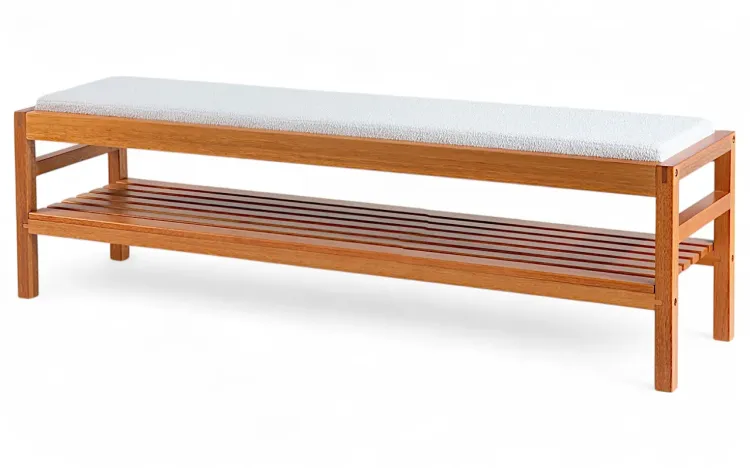 BANCO DECORATIVO ESTOFADO MAIOR KERB VERNIZ JATOBÁ TEC. BOUCLE OFF WHITE 160X40X48CM