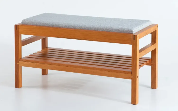 BANCO COM PRATELEIRA KERB VERNIZ JATOBÁ TEC. ALGODÃO MESCLA 90X40X48CM