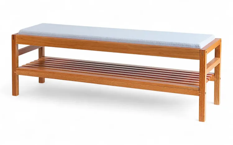 BANCO MALEIRO ESTOFADO MÉDIO KERB VERNIZ JATOBÁ TEC. ALGODÃO RÚSTICO CINZA CLARO 140X40X48CM