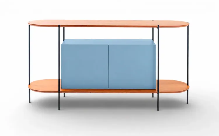 BALC&Atilde;O BUFFET 2 PORTAS CONTEMPOR&Acirc;NEO AZUL SERENO TAMPO EM TAUARI NATURAL E P&Eacute;S DE METAL MOOB 140X35X75,5 CM