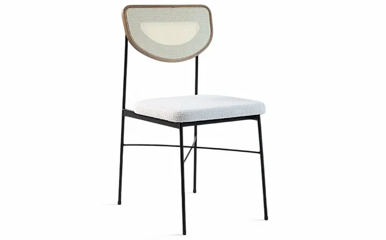 CADEIRA TELINHA E METAL PARA MESA DE JANTAR CHLOE VERNIZ AMÊNDOA E TEC. BOUCLE 44X57X87 CM