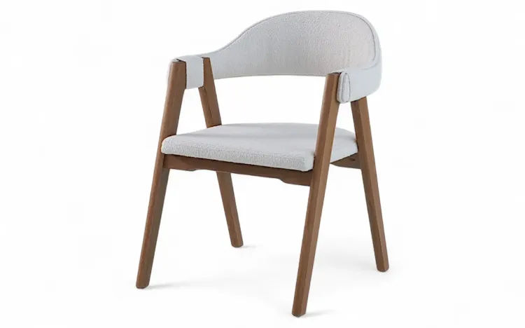 CADEIRA DE MADEIRA ESTOFADA ENCOSTO CONCHA ASTRID VERNIZ AMÊNDOA BOUCLE OFF WHITE 63X69X81 CM