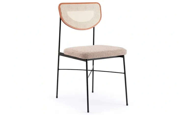 CADEIRA ESTOFADA DE METAL E PALHINHA CHLOE VERNIZ JATOBÁ E TEC. BOUCLE BEGE 44X57X87 CM