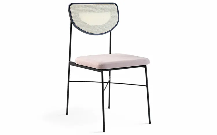 CADEIRA COM ENCOSTO DE PALHA E METAL CHLOE LACA PRETO E TEC. ROSA 44X57X87 CM
