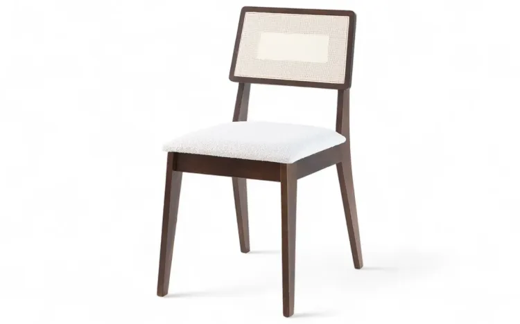 CADEIRA DE MADEIRA COM PALHINHA LILA VERNIZ CAPUCCINO E TEC. BOUCLE 44X58X84 CM