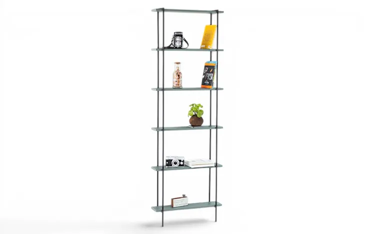 ESTANTE ESTILO INDUSTRIAL PEQUENA PARA QUARTO 6 PRATELEIRAS ESTREITAS CROSBY MDF VERDE ESCURO 60x14x180CM