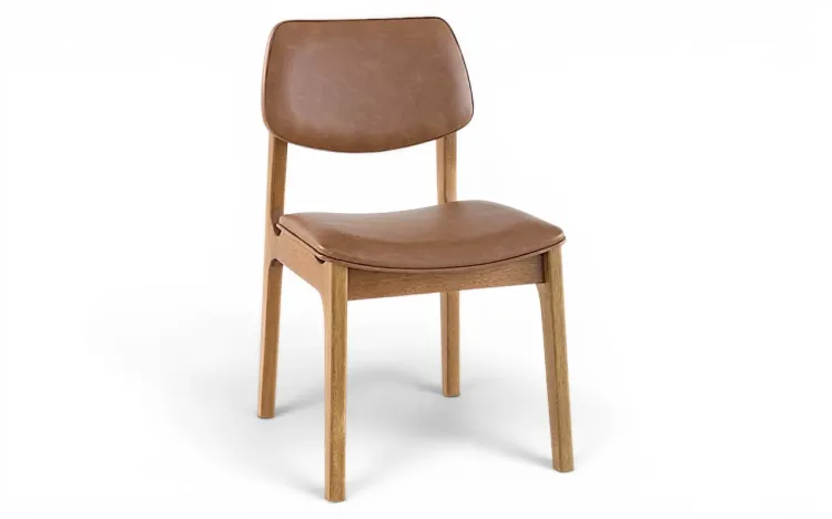 CADEIRA PARA MESA DE JANTAR ESTOFADA ALVA VERNIZ AM&Ecirc;NDOA E COURO ECOL&Oacute;GICO CARAMELO TEC.029 46x56,5x85,5 CM