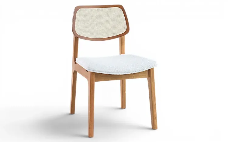 CADEIRA PARA MESA DE JANTAR ESTOFADA COM PALHINHA ALVA VERNIZ AM&Ecirc;NDOA TEC. BOUCLE OFF WHITE 49,5x55x83 CM