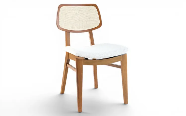 CADEIRA ENCOSTO ANATOMICO COM PALHINHA ESTOFADA MADEIRA MACI&Ccedil;A SPARTA VERNIZ AMENDOA TEC. BOUCLE OFF WHITE 46x56,5x85,5 CM