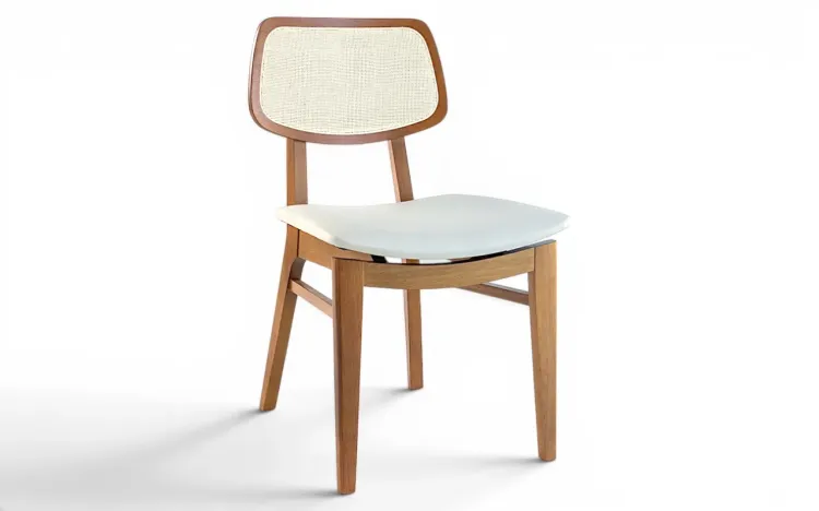 CADEIRA MODERNA COM PALHINHA ESTOFADA SPARTA VERNIZ AMENDOA TEC. COURO ECOLÓGICO OFF WHITE 46x56,5x85,5 CM