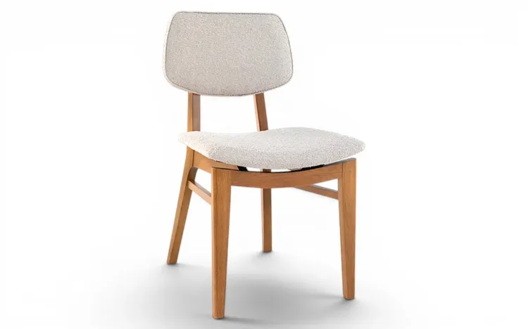 CADEIRA DE MADEIRA MACIÇA ESTOFADA SPARTA VERNIZ AMENDOA E TEC. BOUCLE BEGE 46x56,5x85,5 CM