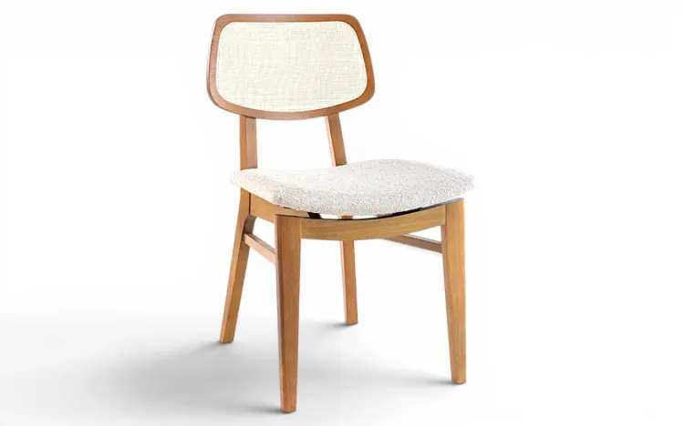 CADEIRA ESTOFADA PARA SALA DE JANTAR COM PALHINHA SPARTA VERNIZ AMENDOA TEC. BOUCLE BEGE 46x56,5x85,5 CM