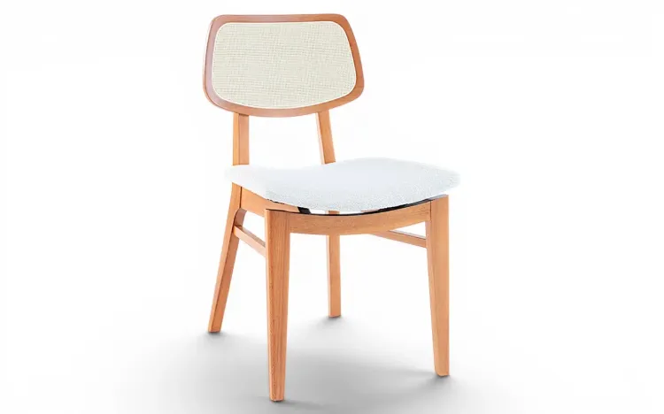 CADEIRA ESTOFADA COM ENCOSTO ANATOMICO PALHINHA SPARTA VERNIZ JATOB&Aacute; TEC. BOUCLE OFF WHITE 46x56,5x85,5 CM