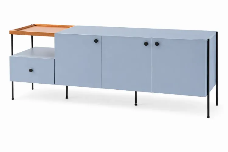 RACK PARA TV PÉS DE METAL 3 PORTAS COM GAVETA TRAY MDF AZUL SERENO 162,5X41,5X56 CM